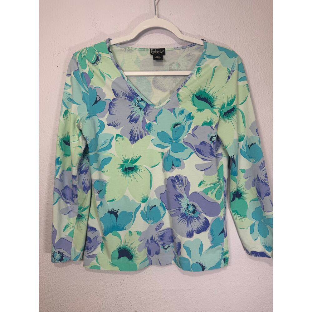 Rafaella Floral V-Neck Long Sleeve Blouse Small Cottagecore Coastal Grandma - Picture 1 of 9